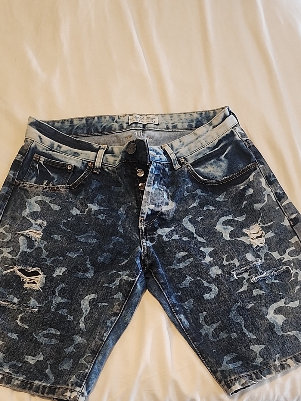 Zara Men's Denim Wear Blue Camouflage Distressed Denim Shorts
